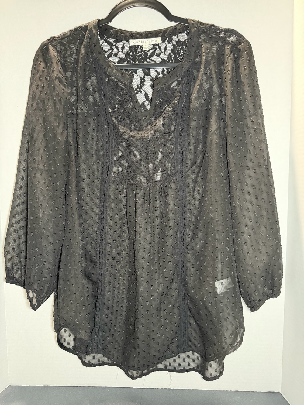 Daniel Rainn‎ Black Swiss Dot Lace Yoke Blouse